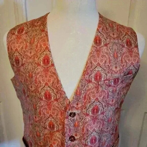 Tapestry Paisley Orange Vest Prom Formal Party Wedding Pockets Mens Size M - Picture 2 of 9